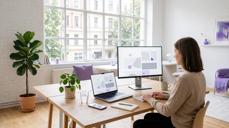 Webdesignerin arbeitet in einem hellen Stuttgarter Studio an einem Website-Layout