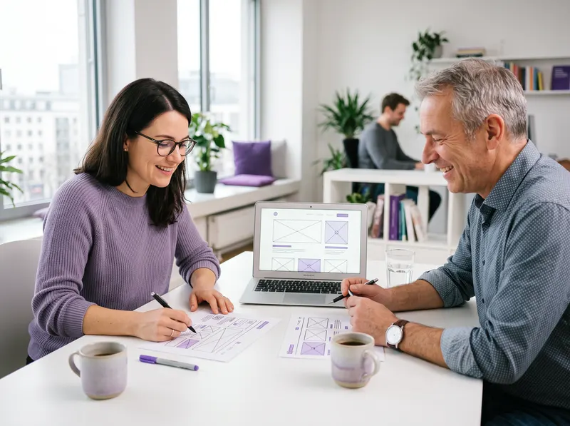 Webdesignerin und Unternehmer skizzieren gemeinsam eine neue Website